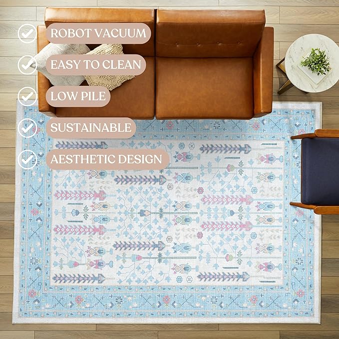 Fame Living Cream Blue Oushak Rug, Modern, Vintage, Turkish, Eclectic, Floral, Pastel, Washable, Area Rugs for Living Room, Dining, Bedroom, Nursery, Girls, Boys, 5'9"x8'9"
