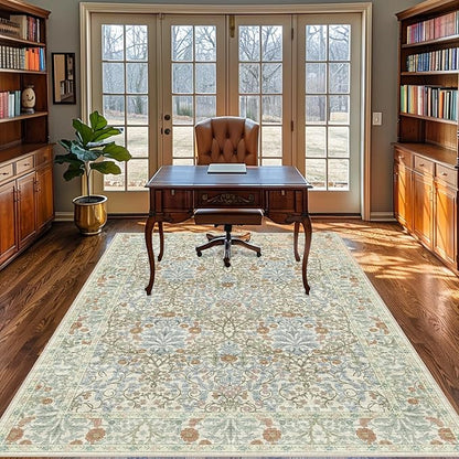 4x6 Area Rug for Bedroom Beside Rug, Laundry Room, Entryway, Kitchen, Washable Non-Slip Low Pile Ultra Soft Stain Resistant Carpet (Beige Blue)