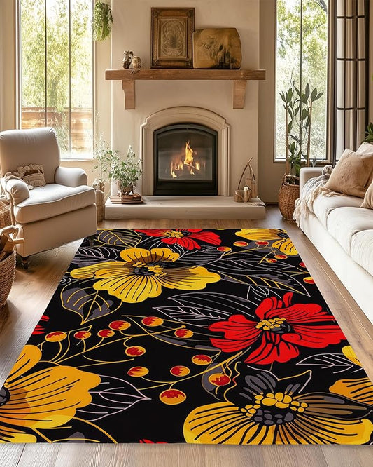 Black Floral Washable Living Room Area Rug, Low Profile Abstract Pattern, Non-Slip Backing Carpet for Kitchen, Bedroom, Dining Room
