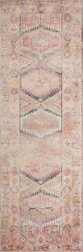 Loloi Layla Collection LAY-17 Pink/Lagoon 2'-6" x 9'-6" .13" Thick Runner Rug, Soft, Durable, Vintage Inspired, Distressed, Low Pile, Non-Shedding, Easy Clean, Printed, Living Room Rug