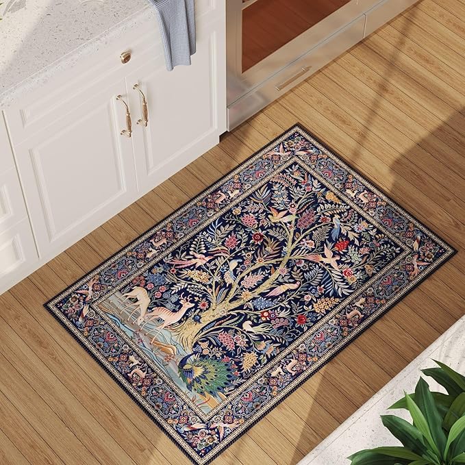 Rugcomf Indoor Door Mat 2x3 Rug Vibrant Tree of Life-Patterned Vintage Machine Washable Small Area Rug Non-Slip Low Pile Throw Rugs for Entryway Kitchen Front Door Entrance Entry Kids Room, Blue