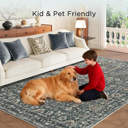 6x9 Rugs for Living Room, Soft Large Area Rugs Blue Washable Rug, Indoor Vintage Rugs for Bedroom Home Office Laundry, Rubber Backed Non Slip Low Pile Carpet, Deep Blue