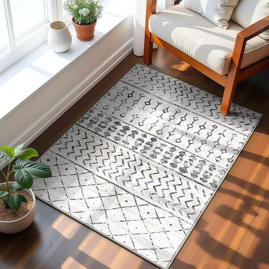 2x3 Machine Washable Area Rug for Entryway, Grey White Vintage Moroccan Rug Non-Slip Low Pile Soft Faux Wool Small Carpet, Kids and Pets Friendly for Bedroom Kitchen Hallway Home Decor Rug