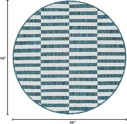 Unique Loom Outdoor Striped Collection Area Rug - Striped (4' 1" Round, Teal/Ivory)