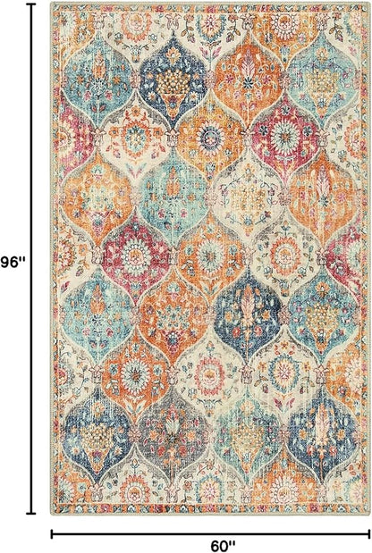 Lahome Moroccan 5x8 Area Rug, Ultra-Thin Washable Rugs for Living Room Bedroom, Soft Large Oriental Non-Slip Non Shedding Throw Large Carpet for Dining Room Office, Cream/Multi