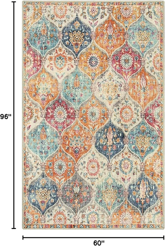 Lahome Moroccan 5x8 Area Rug, Ultra-Thin Washable Rugs for Living Room Bedroom, Soft Large Oriental Non-Slip Non Shedding Throw Large Carpet for Dining Room Office, Cream/Multi