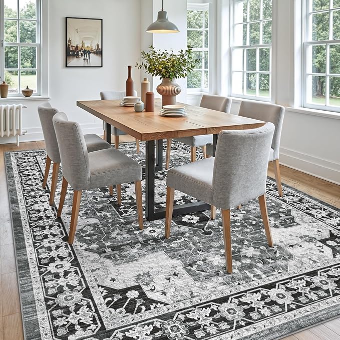 DEXI 9x12 Area Rug for Living Room, Washable Vintage Farmhouse Thin Rug Indoor Floor, Non Slip Stain Resistant Low Pile Carpet for Dining Room Bedroom Office, White Grey