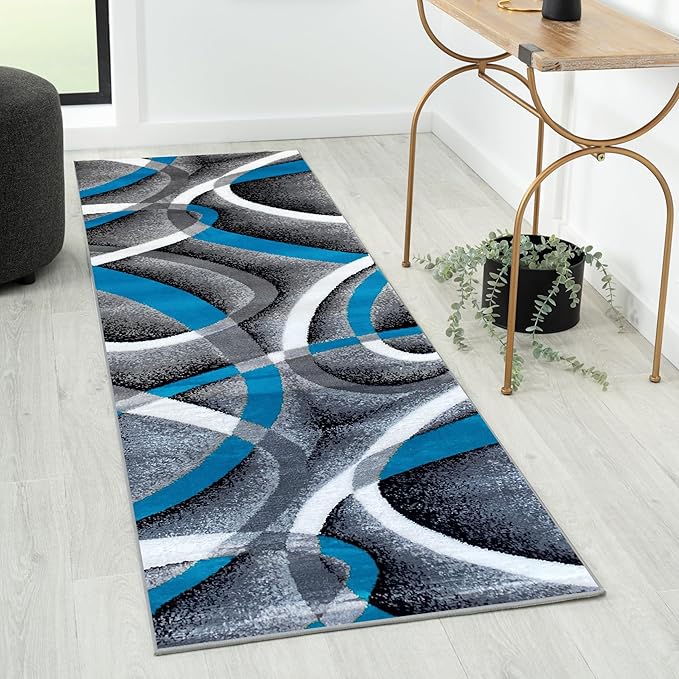 Persian Rugs 2305 Turquoise White Swirlss 2'2 x 7'4 Runner Modern Abstract Area Rug Carpet