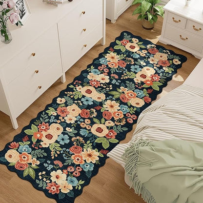 DUKINO 2x10 Runner Rug for Hallway, Washable Kitchen Rug with Non Slip Backing & Non-Shediing, Soft Low Pile Floral Design Runner for Bedroom, Kithchen, Living Room, Laundry, Bathroom, Navy Blue