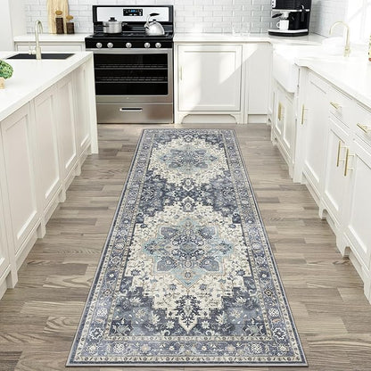 GENIMO 2x7 Runner Rugs for Hallway, Machine Washable Non Slip Vintage Rugs, Low Pile Lightweight Soft Print Rug for enrtyway, Corridor, Home Office, Kitchen, Center Blue