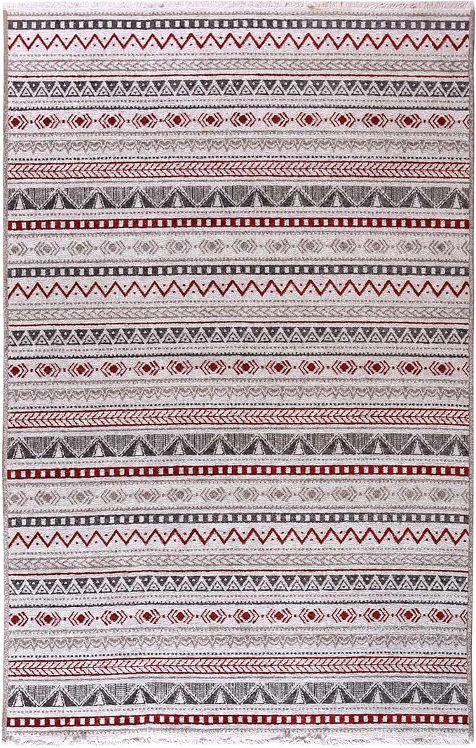 Alfa Rich 7x10 Red Burgundy White Gray Washable Area Rugs for Living Room Bedroom Kitchen Cotton Rug