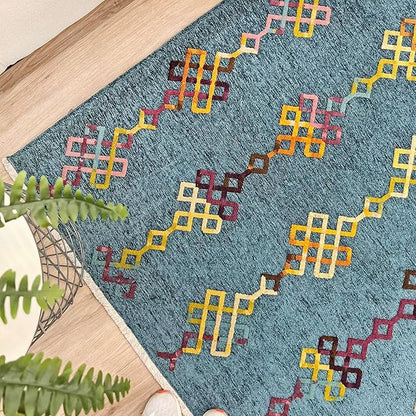 Alfa Rich 3x10 Moroccan Blue Washable Area Rugs for Living Room Hallway Kitchen Decor Cotton Runner