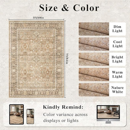 HelloTree Washable Rugs 5x7 Area Rug for Living Room, Vintage Boho Khaki Rug Non Slip Carpet Retro Accent Indoor Mat Print Distressed Low Pile Throw Large Rug for Office Bedside-Khaki