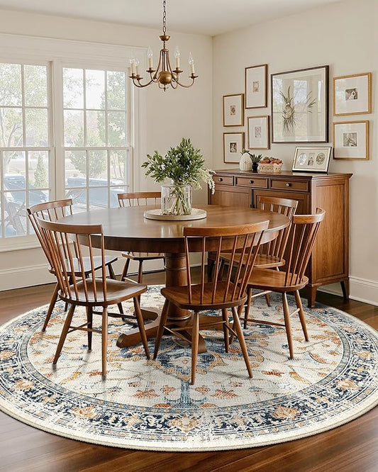 Area Rugs 7ft Washable Non-Slip, Floral Vintage Distress Print Pattern Medallion Carpet for Living Room Bedroom Dining Room, Beige Navy Blue Orange Colorful