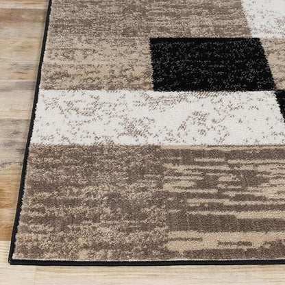 Superior Indoor Runner Rug, Jute Backed, Modern Geometric Patchwork Floor Decor for Bedroom, Office, Living Room, Entryway, Kitchen, Hardwood Floors, Rockwood Collection, 2' 7" x 8', Ivory-Beige