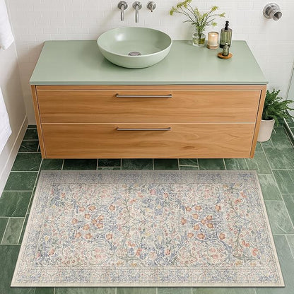 Washable Bathroom Rug 2x4 Non Slip - Beige Blue Small Rugs Front Door Rugs Indoor, Vintage Cream Floral Style Rug for Kitchen, Laundry, Perfect for Entryway Décor