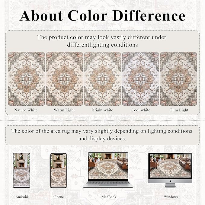 8x10 Area Rugs for Living Room Ultra-Soft Washable Rug Vintage Distressed Boho Area Rug, Non-Slip Low Pile Stain Resistant Carpet for Bedroom Dining Room Kitchen Office