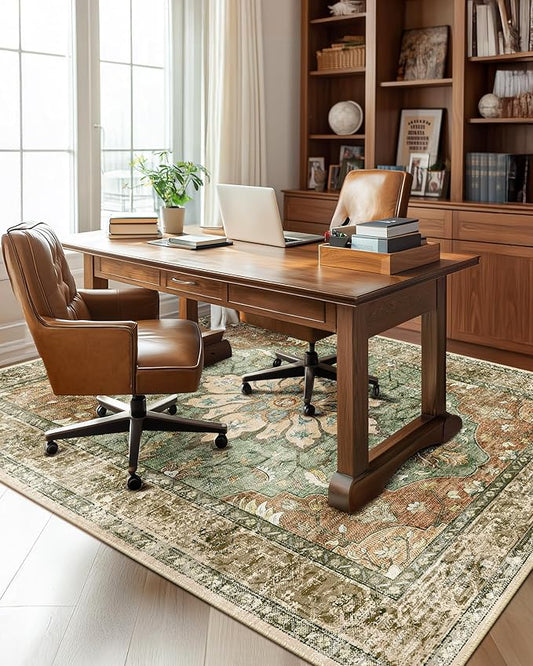 Area Rugs 6'x8' Washable Non-Slip, Floral Vintage Distress Print Pattern Medallion Carpet for Living Room Bedroom Dining Room, Brick Red Rust Neutral Brown Burnt Orange Green