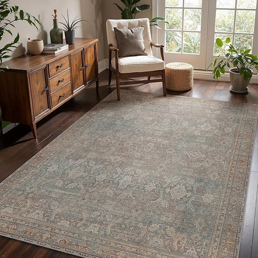 9x12 Area Rug Machine Washable Boho Rug for Living Room,Ultra-Thin Low Pile Carpet,Lightweight Indoor Printed Rug,Non Slip Floral Area Rug for Bedroom, Dining Room, Home Office,Grayish Blue