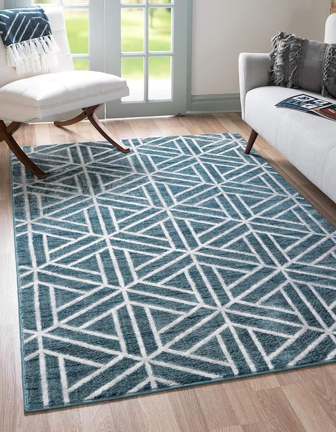 Rugs.com Lattice Trellis Collection Rug – 5' x 8' Blue Low-Pile Rug Perfect for Living Rooms, Large Dining Rooms, Open Floorplans