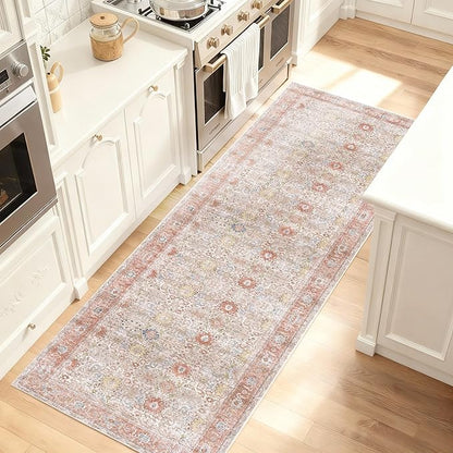 Kuden 2'6"x10 Runner Rug, Machine Washable Area Rug with Non-Slip Backing, Vintage Style, Soft, Easy Clean, Low Pile Rug for Hallway, Entryway, Kitchen, Bedroom