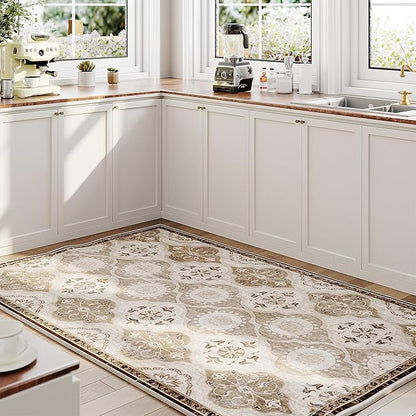 EnHomee Washable Area Rugs 4x6, Soft Area Rug for Living Room Bedroom, Boho Non Slip Low Pile Stain Resistant Washable Rug Large Carpet for Dining Room,Easy to Clean Living Room Rug, Khaki