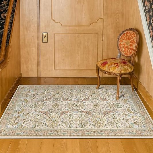 Beige Small Throw Rug for Entryway 2x4 Washable Non Slip - Soft Low Pile Boho Bathroom Rugs for Kitchen, Powder Room - Unique Farmhouse Bird & Pattern Botanical Decorative Door Mats
