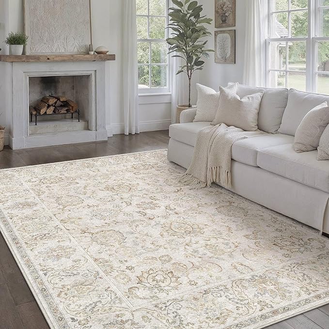 HUGEAR 8x10 Machine Washable Area Rugs Vintage Grey - Neutral Living Room Bedroom Rug Non Slip Stain Resistant Low Pile Aesthetic Throw Carpet Kids & Pet Friendly