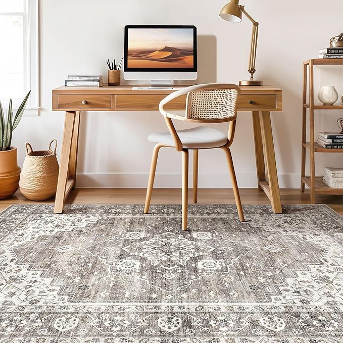 10x14 Area Rugs Living Room: Washable Boho Large Neutral Vintage Soft Rug Stain Resistant Farmhouse Non-Slip Indoor Rustic Floor Carpet for Bedroom Nursery Kids Playroom Office Dining Room- Dark Brown
