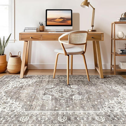 9x12 Area Rug Living Room: Washable Boho Large Neutral Vintage Soft Rugs Stain Resistant Farmhouse Non-Slip Indoor Rustic Floor Carpet for Bedroom Nursery Kids Playroom Office Dining Room- Dark Brown