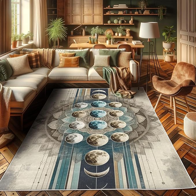 Ambesonne Lunar Art Decorative Rug, Oriental Bohemian Mandala with Moon Phase and Abstract Lines Modern, Quality Carpet for Bedroom Dorm and Living Room, 2' 2" x 3' 7", Cadet Blue and Eggshell