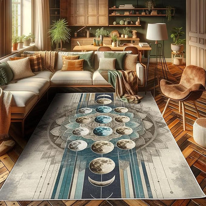 Ambesonne Lunar Art Decorative Rug, Oriental Bohemian Mandala with Moon Phase and Abstract Lines Modern, Quality Carpet for Bedroom Dorm and Living Room, 5' 1" X 7' 5", Cadet Blue and Eggshell