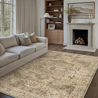 Brown Multi Area Rug 9x12 Vintage Washable Distressed Living Room Carpet Large Indoor Non Slip Traditional Medallion Retro Low Pile Accent Throw Rug Bedroom Kitchen Office Dining Room