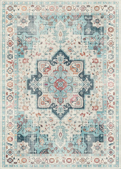 GENIMO 9x12 Area Rugs for Living Room, Machine Washable Non Slip Vintage Rugs, Low Pile Lightweight Chenille Print Rug for Bedroom, Dining Room, Home Office, Turquoise
