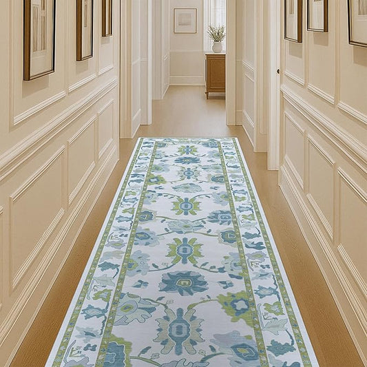 Fame Living Green Oushak Runner Rug, Modern Runners, Vintage, Turkish, Eclectic, Floral, Pastel, Washable, Runner for Hallway, Kitchen, Bedroom, Bathroom, 2'5"x9'8"