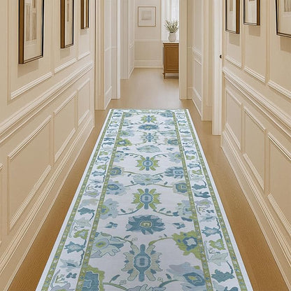 Green Oushak Rug, Modern Rugs, Vintage, Turkish, Eclectic, Floral, Pastel, Washable, Small Throw, Accent Area Rug for Living Room, Bedroom, Kitchen, Bathroom, 2'5"x4'11"