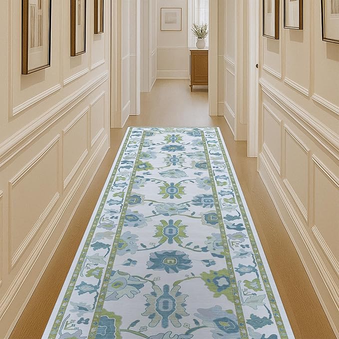 Fame Living Green Oushak Runner Rug, Modern Runners, Vintage, Turkish, Eclectic, Floral, Pastel, Washable, Long Runner Rugs for Hallway, Kitchen, Living Room, Bedroom, Kitchen, Bathroom, 2'5"x13'