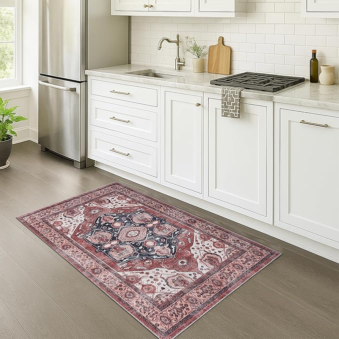 Fame Rugs Turkish Rug. Washable Vintage Oriental Antique Inspired Traditional Doormat Small Modern Area Rugs Luxury Entryway Entry Bedroom Bathroom Kitchen (404RR, 2'5 x 13'1)