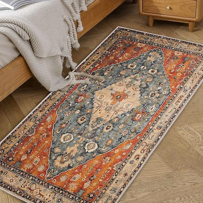 COMSLE Boho Area Rug, 2' x 4' Machine Washable Rugs for Entryway Faux Wool Small Rugs Distressed Throw Rug Non-Slip Floor Carpet for Indoor Bedroom Kitchen Living Room