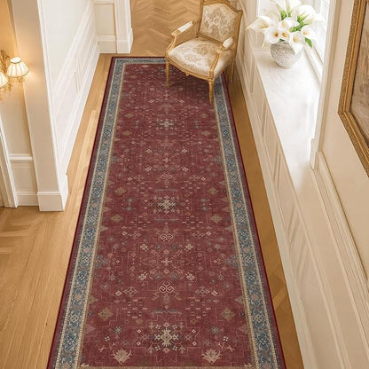 Red 2x8 Long Hallway Runner Rug - Boho Washable Indoor Front Door Mat for Entryway, Non Skid Rugs for Kitchen, Vitange Geometric Floral Low Pile & Soft Runner Carpet