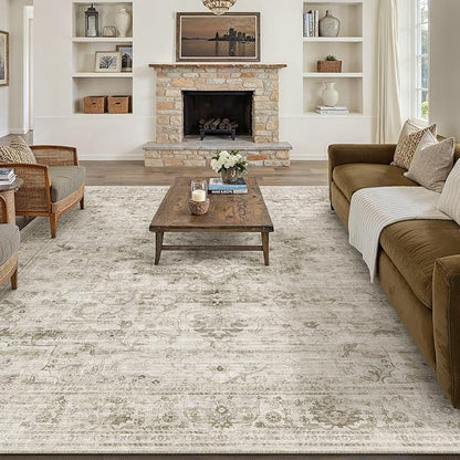 HUGEAR Washable 6x9 Area Rugs Retro Beige Living Room Bedroom Rug Vintage Distressed Non Slip Stain Resistant Low Pile Neutral Throw Carpet for Home Decor