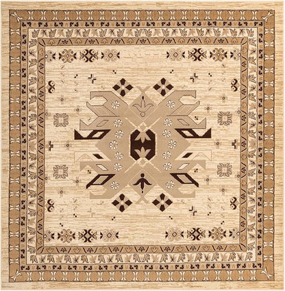 Unique Loom Taftan Collection Border Geometric Tribal Inspired Design Area Rug (8' 0 x 8' 0 Square, Ivory/ Tan)
