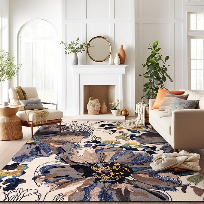 Rugshop Cream Bright Flowers Non Slip Non-Shedding Area Rug for Living Room, Dining Room and Large Spaces, 9' x 12'