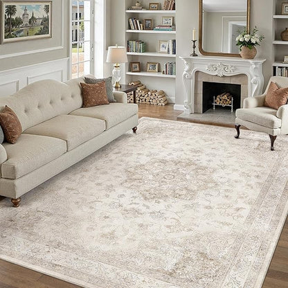 Beige Area Rug 7x10 Washable Living Room Carpet Vintage Non Slip Soft Bedroom Indoor Office Retro Low Pile Thin Oriental Medallion Large Rug for Dining Room Bathroom Playroom