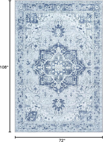 Bloom Rugs Washable Non-Slip 6' x 9' Rug - Gray/Blue Traditional Medallion Area Rug for Living Room, Bedroom, Dining Room, and Kitchen - Exact Size: 6' x 9'