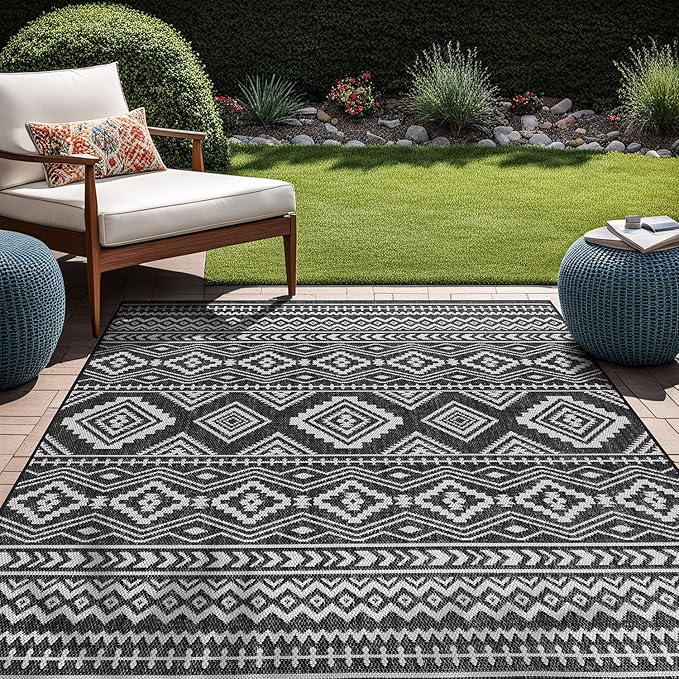 Beverly Rug Waikiki Boho Indoor Outdoor Rug 8x10, Washable Outside Carpet for Patio, Deck, Porch, Bohemian Area Rug, Farmhouse Rugs, Aztec Tribal Rug, Black and White