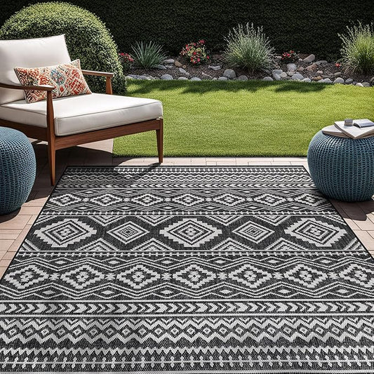 Beverly Rug Waikiki Boho Indoor Outdoor Rug 8x10, Washable Outside Carpet for Patio, Deck, Porch, Bohemian Area Rug, Farmhouse Rugs, Aztec Tribal Rug, Black and White