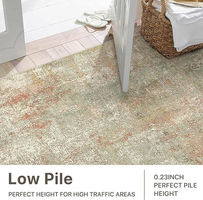Washable Rug 8x10 Area Rug for Living Room Bedroom, Large Modern Abstract Rug Indoor Floor Carpets Low Pile No Shed Non-Slip with Rubber Backing Dining Room Kitchen Office (Teal&Coral, 8'x10')
