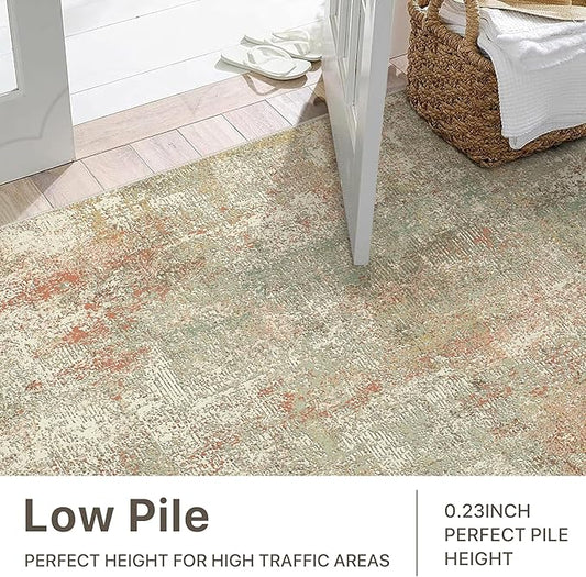 Washable Rug 8x10 Area Rug for Living Room Bedroom, Large Modern Abstract Rug Indoor Floor Carpets Low Pile No Shed Non-Slip with Rubber Backing Dining Room Kitchen Office (Teal&Coral, 8'x10')