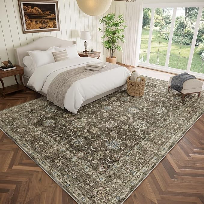 Washable 10x14 Area Rugs for Living Room, Boho Non-Slip Vintage Distress Large Rugs for Bedroom Dining Room Office, 0.3" Neutral Oriental Throw Thin Carpet, Tan/Flaxen/Multi